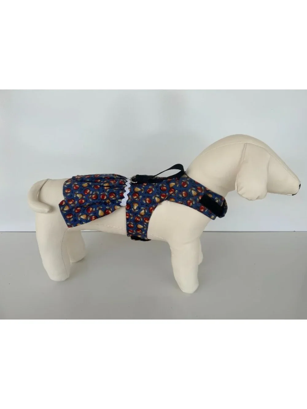 Handmade Small Dog Adjustable Dress Outfit w Harness Apple Pear Ruffle Blue